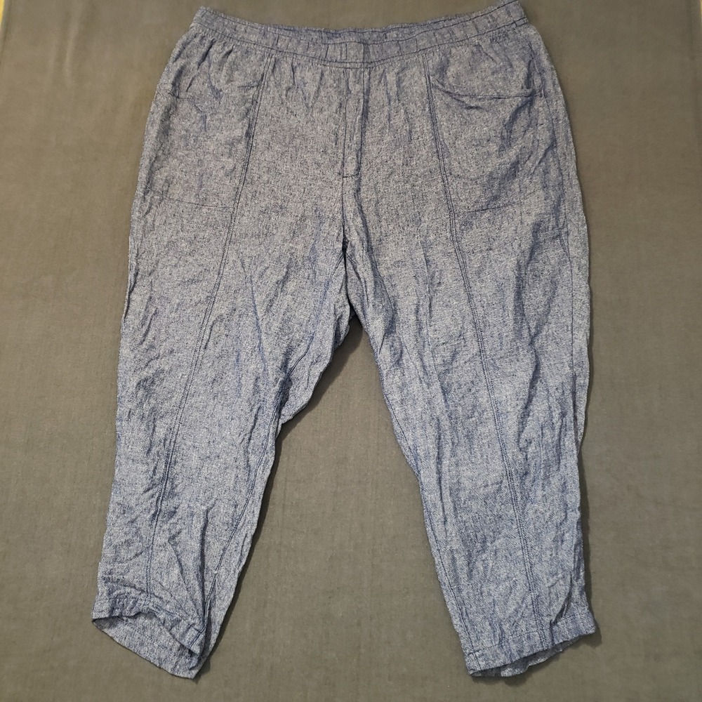 Old Navy Straight Taper Pants Womens 3X Blue Linen Blend High‎ Rise Drawstring